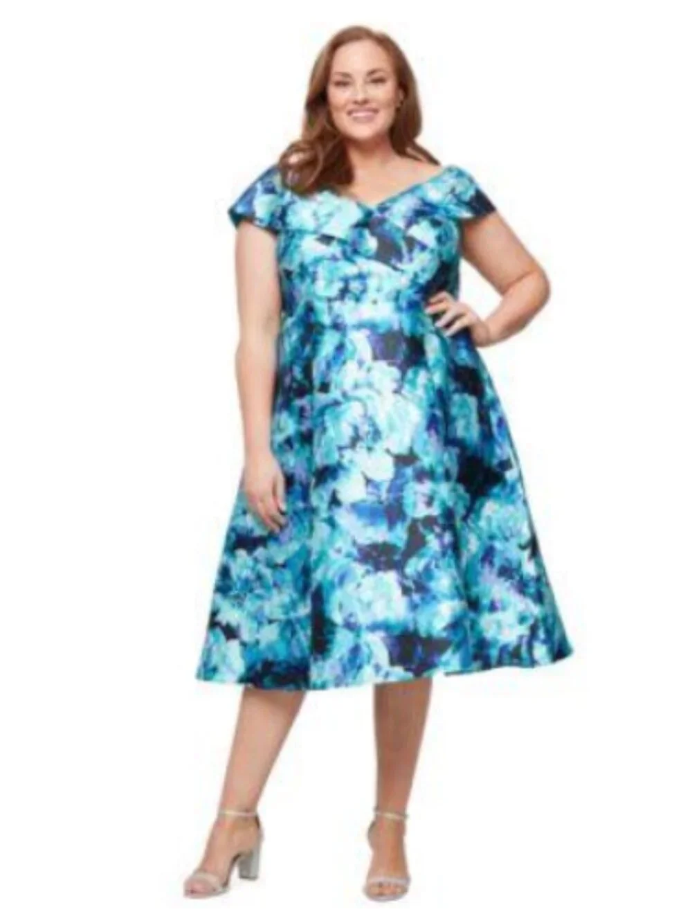 aqua blue plus size dress Aqua Blue Floral Off-Shoulder Vintage Ball Gown Evening Dress